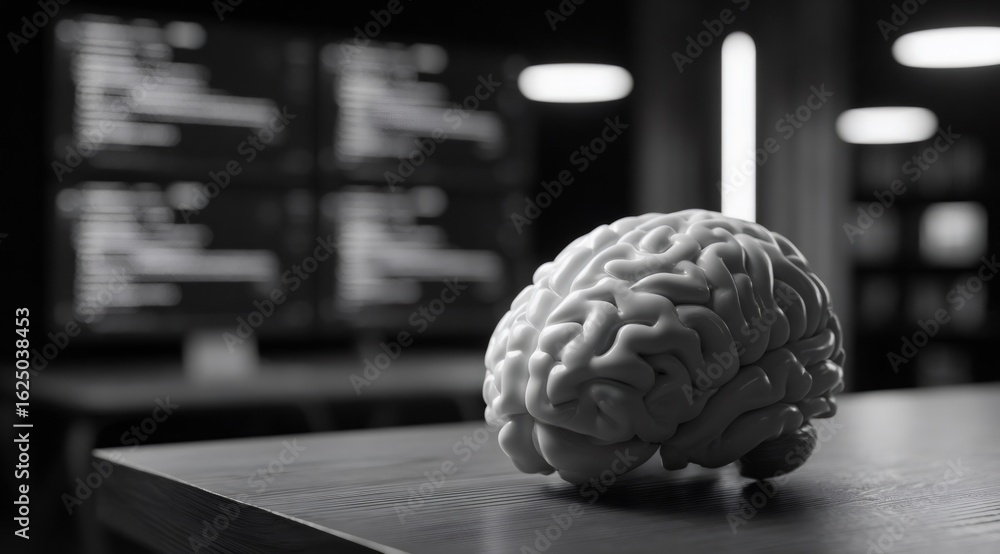 Aufkleber white brain model on a desk in a dark room with blurred screens in the background. artificial intell