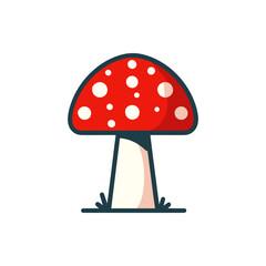 A vibrant red mushroom with white spots stands on a green grassy field, showcasing nature's beauty