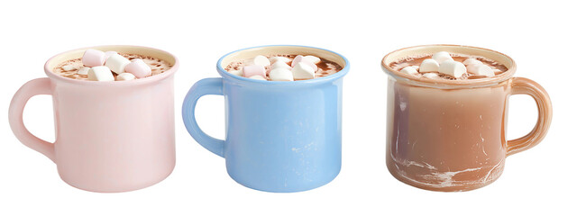 Three mugs of hot cocoa with marshmallows isolated on transparent background, a cozy and comforting winter beverage