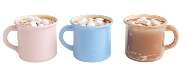 Three mugs of hot cocoa with marshmallows isolated on transparent background, a cozy and comforting winter beverage