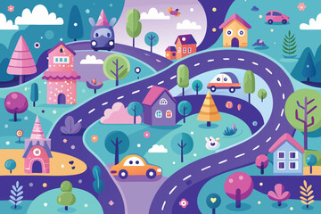 Whimsical cartoon town with winding roads and cute cars