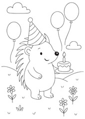 Coloring book hedgehog at a birthday party with balloons and cake.