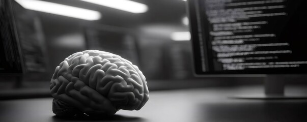 Artificial brain placed on a desktop in a server room with a monitor displaying code. Concept of AI programming.