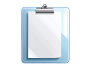 Blue Clipboard with Blank White Paper Isolated on Transparent Background. Shiny Plastic with Metallic Clip