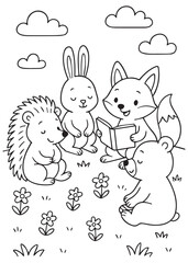 Coloring book woodland animals reading and relaxing in a flower field.