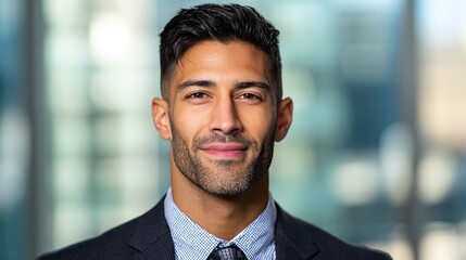 Fototapeta premium A professional in business attire with a welcoming expression, soft office lighting enhancing his confidence.