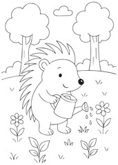 Coloring book hedgehog watering flowers in a garden.