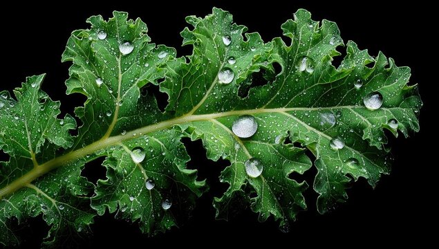 Close-up of a kale leaf, glistening with water droplets