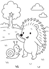 Coloring book hedgehog talking to a snail in the forest.