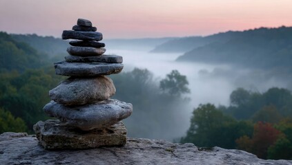 Balanced stones atop a cliff overlook a misty valley at dawn