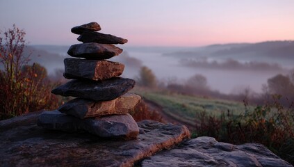 Stacked stones atop a rock, misty landscape at dawn