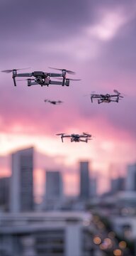 Multiple drones hover against a vibrant sunset over a cityscape