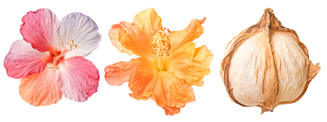 Three hibiscus flowers in various stages of bloom, isolated on transparent background, capturing the vibrant colors and delicate petals