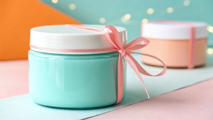 Two cosmetic jars with white lids and pink ribbons tied around them set against a pastel background with bokeh lights