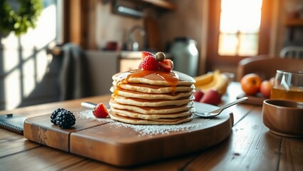 wooden table cozy pancakes breakfast natural light 45 degree angle rustic morning warm light
