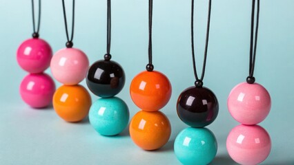 A collection of colorful spherical pendants with black cords arranged against a light blue background