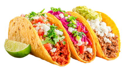 Assortment of delicious Mexican tacos with various fillings and toppings isolated on transparent background, served with lime