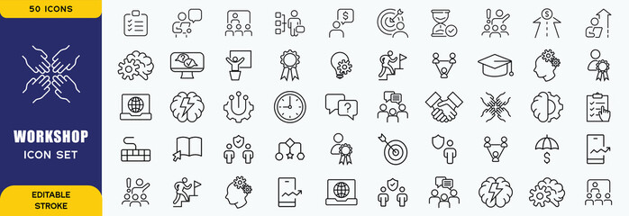 Workshop icon set. Containing team building, collaboration, teamwork, coaching, problem-solving and education icons. vector icon collection