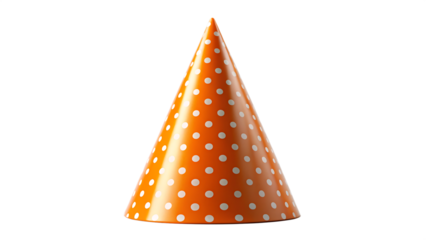 Bright orange party hat adorned with white polka dots on a stark black background