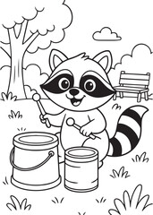 Coloring book raccoon drum paint buckets in a park. © listyo