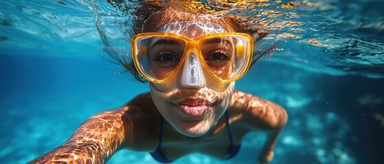Fototapeta premium Underwater Selfie: A Girl's Joyful Snorkeling Adventure