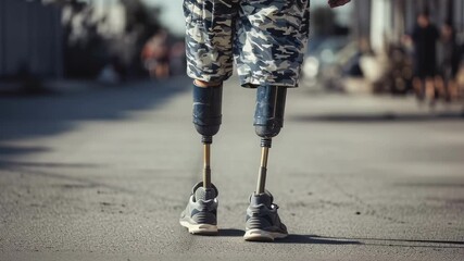 Adaptive athlete walking with prosthetic legs on city street, showcasing strength and resilience - Powered by Adobe