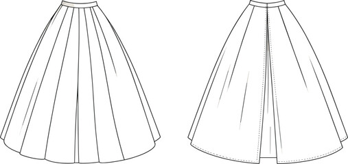 Cad drawing flat vector illustration, flared skirt design, vertical seam detail, center back opening, fashion sketch, garment template, apparel flat