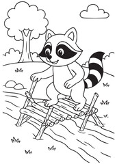 Coloring book page of a raccoon crossing a rope bridge.