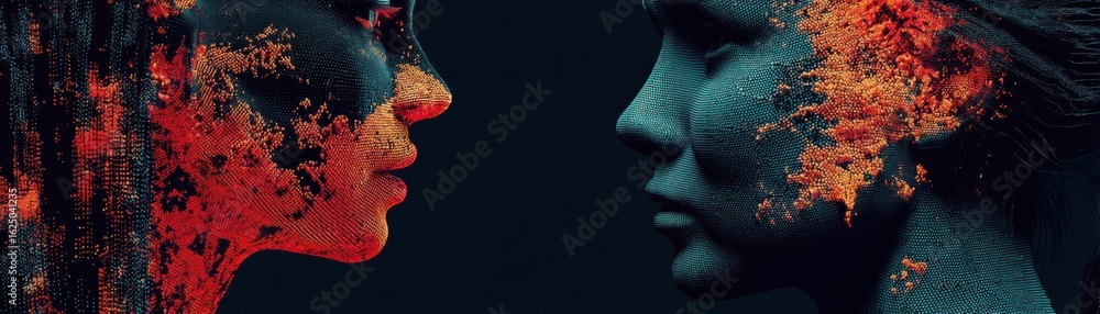 Poster two abstract faces are depicted in a digital style, showcasing vivid textures and colors, creating a