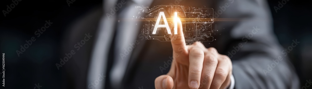Poster a professional figure interacts with a digital interface, highlighting the concept of artificial int