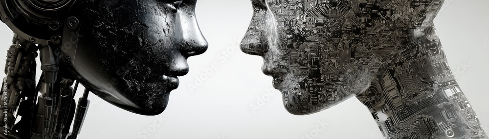 Poster a striking image of two robotic faces, one intricately designed with mechanical elements and the oth