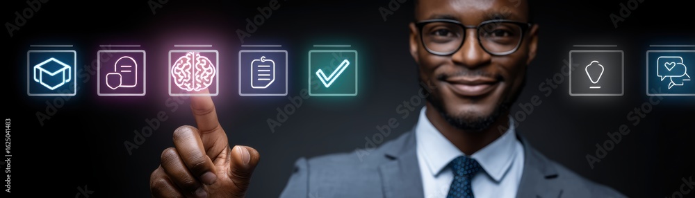 Poster a professional man interacts with digital icons representing innovation, technology, and organizatio