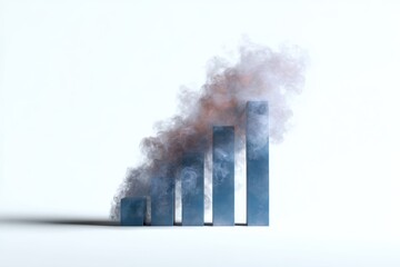 A conceptual image of a declining bar chart made of fading smoke, isolated on a pure white background. Dissolving assets, losing value.