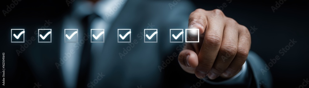 Poster a professional hand interacts with digital checkboxes, symbolizing decision-making and completion in