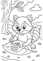 Coloring book raccoon drawing flowers on a big leaves