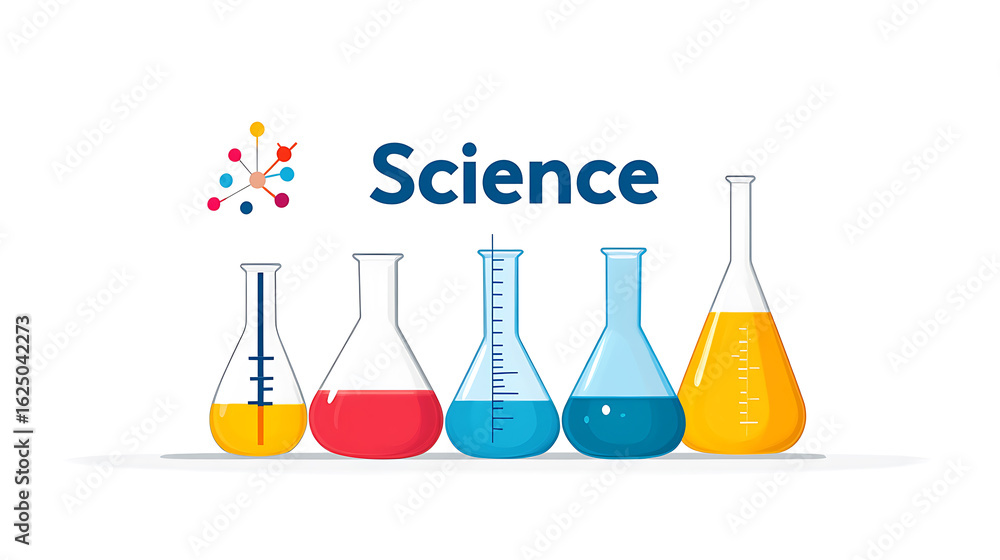 Poster chemistry flasks filled with different colored liquids are arranged in a line. represents the scienc