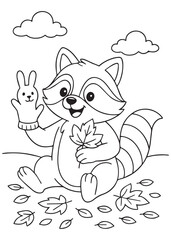 Coloring book raccoon holding a leaf and play with doll on the hand