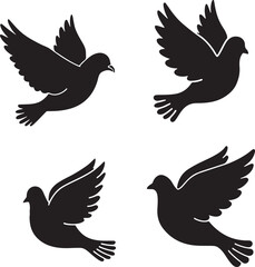 Four silhouetted doves in flight against a white background
