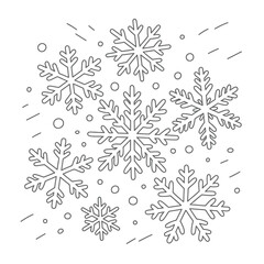 Intricate outline snowflake designs scattered across a white background