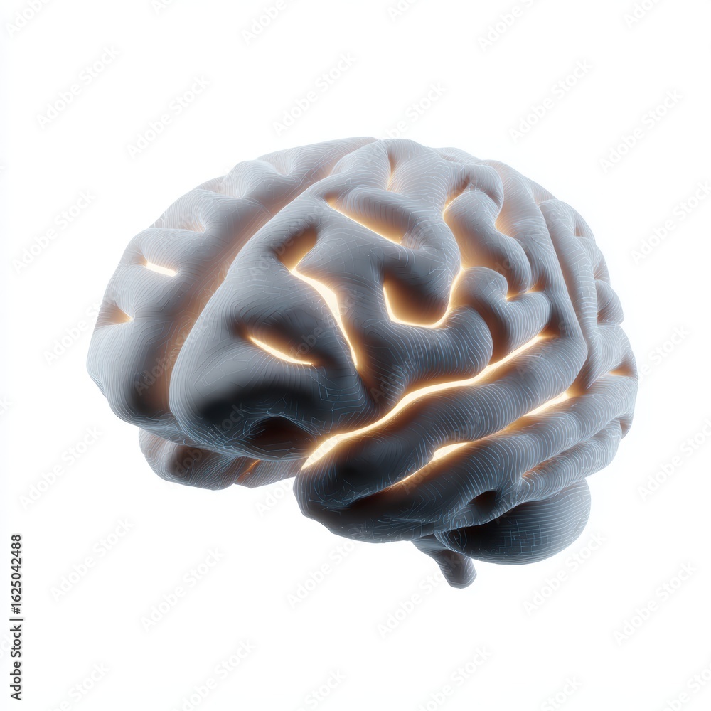 Poster a human brain silhouette with abstract glowing lines forming a complex maze inside, isolated on a pu