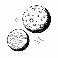 Hand drawn sketch of two planets and four sparkling stars in outer space