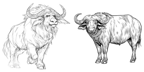 A large wild animal, the buffalo, is depicted in a black and white image, suitable for a coloring book for kids, featuring a modern drawing