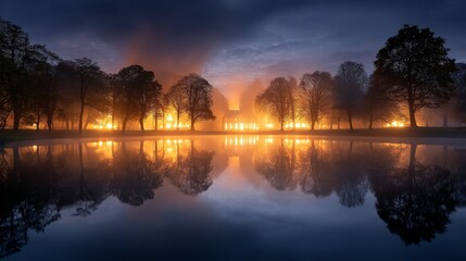 Naklejka premium Twilight fire reflected in nearby water burning house insurance risks home protection strategies