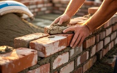 Skilled Masonry Hands Building A New Brick Wall With Mortar
