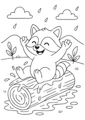 Coloring book raccoon sliding on a log with water splashes.