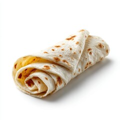 A single, plain white tortilla wrap, isolated on a pure white background. Flatbread, simple.