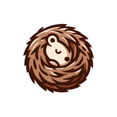 Cute cartoon hedgehog curled up in a cozy nest, surrounded by soft earthy tones and textures