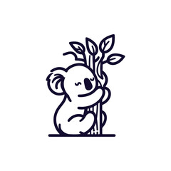 Cute cartoon koala hugging a tree with green leaves, set against a simple white background