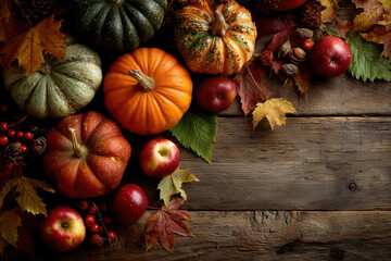 Colorful autumn harvest arrangement with pumpkins, apples, and vibrant fall leaves on wooden surface