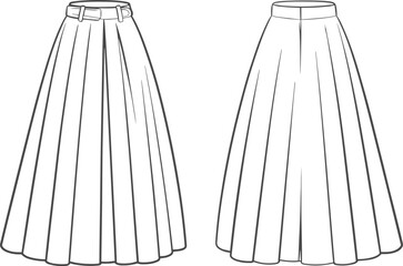 Cad drawing flat vector illustration, pleated long skirts design, fashion technical sketch, apparel template, flared skirt, belt detail**